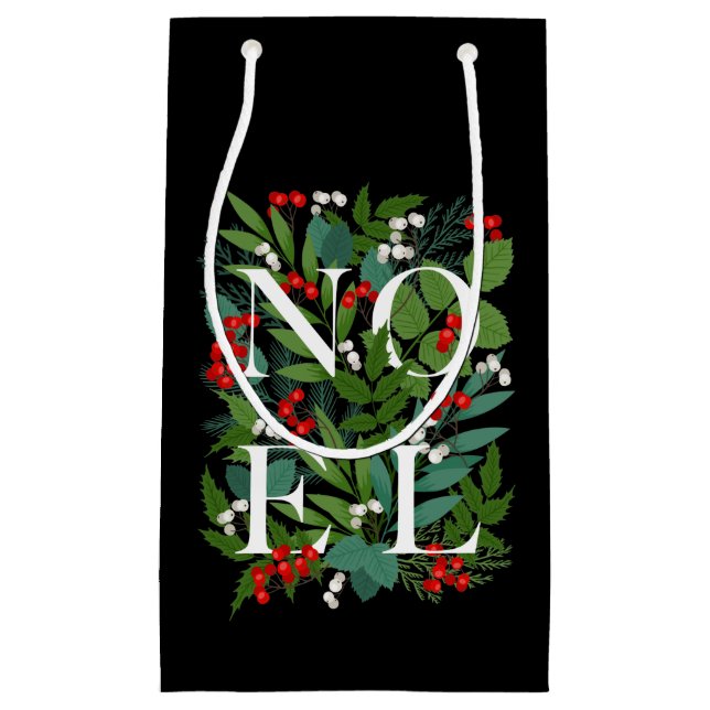 NOEL Greenery Berries Christmas Black Small Gift Bag (Front)