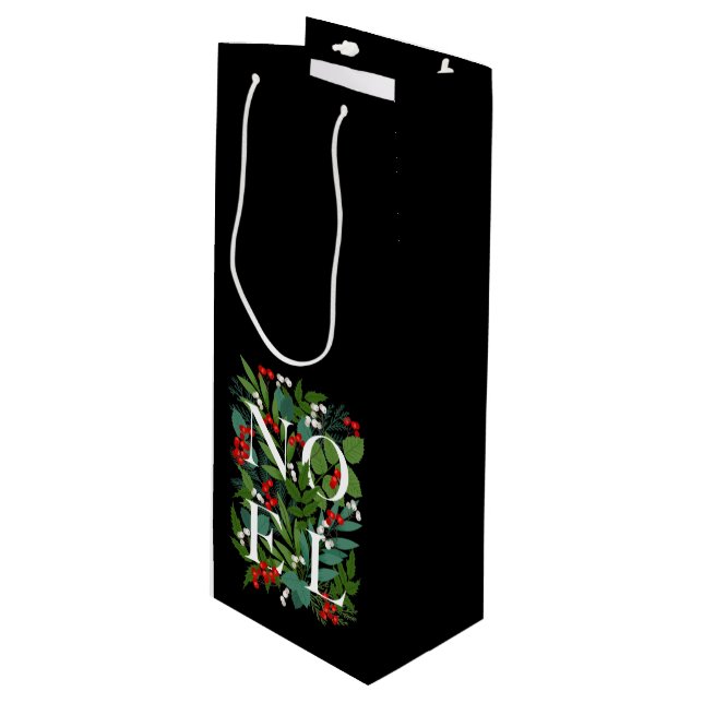 NOEL Greenery Berries Christmas Black Wine Gift Bag (Front Angled)