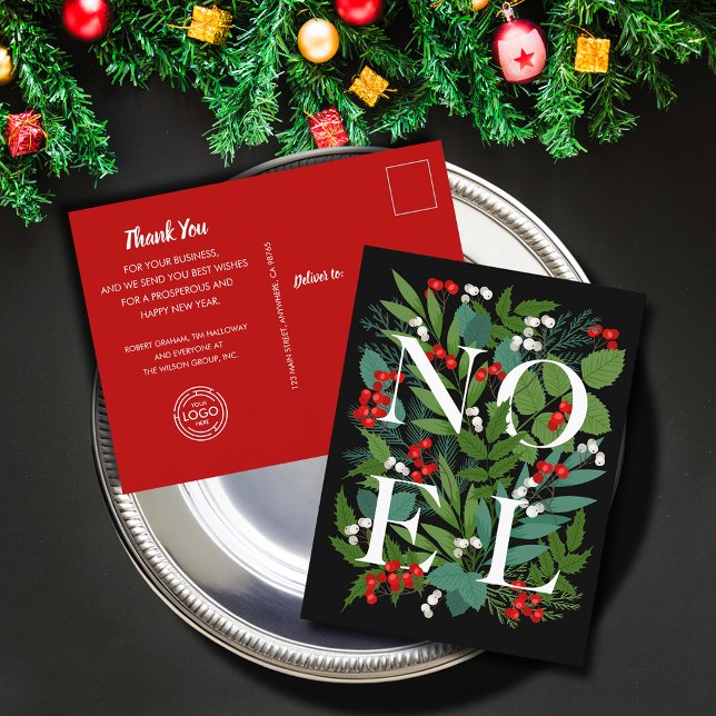 NOEL Greenery Business Greeting Holiday Postcard (NOEL Greenery Business Greeting Holiday Postcards with your message and logo on the back)