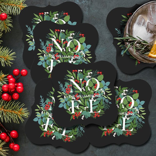 NOEL Greenery Holiday Black Paper Coaster (NOEL winter greenery and berries on black holiday bracket paper coasters)