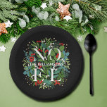 NOEL Greenery Personalised Black Christmas Paper Plate<br><div class="desc">The word NOEL and your name among winter leaves and red,  white and gold berries on a black background (or any colour),  these paper bowls are elegant for any holiday Christmas occasion. MATCHING items in our store.</div>