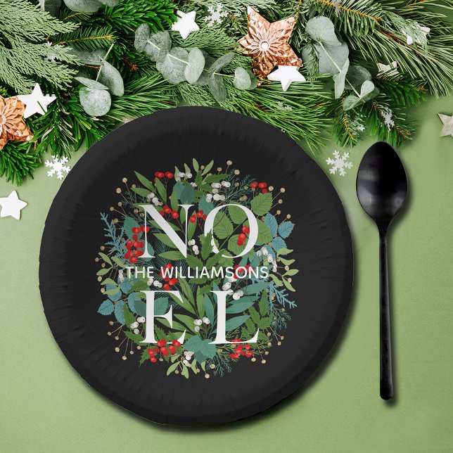 NOEL Greenery Personalised Black Christmas Paper Plate (Creator Uploaded)