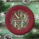 NOEL Greenery Personalised Red Christmas Paper Plate<br><div class="desc">The word NOEL and your name among winter leaves and red,  white and gold berries on a deep cranberry red background (or any colour),  these paper bowls are elegant for any holiday Christmas occasion. MATCHING items in our store.</div>
