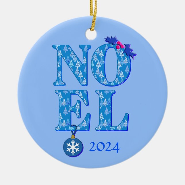 NOEL in a Blue Christmas Tree Pattern  Ceramic Tree Decoration (Front)