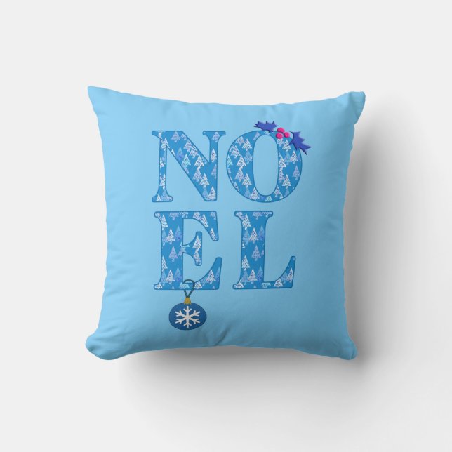 NOEL in a Blue Christmas Tree Pattern Cushion (Front)