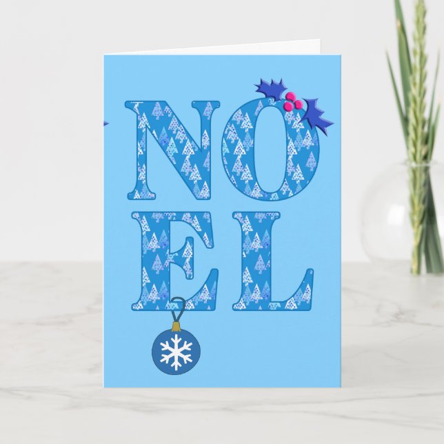 NOEL in a Blue Christmas Tree Pattern  Holiday Card (Front)