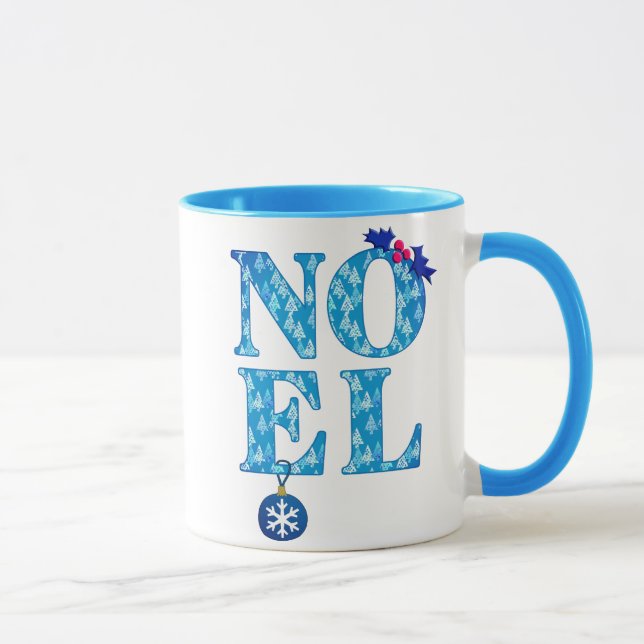 NOEL in a Blue Christmas Tree Pattern Mug (Right)