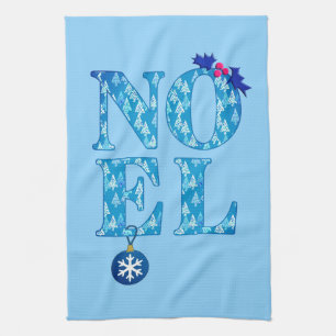 NOEL in a Blue Christmas Tree Pattern Tea Towel