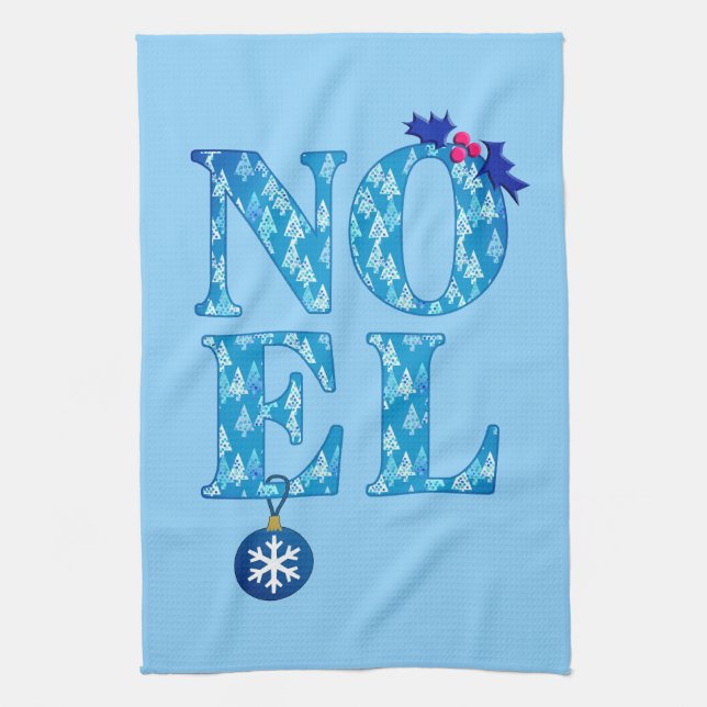 NOEL in a Blue Christmas Tree Pattern Tea Towel (Vertical)