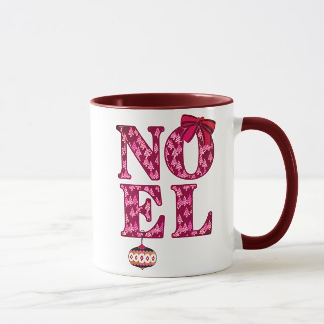 NOEL in a Burgundy Christmas Tree Pattern  Mug (Right)