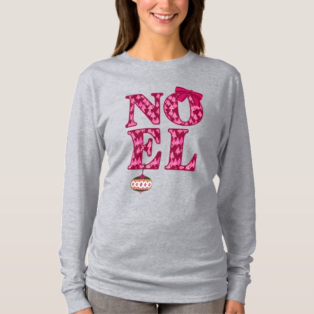 NOEL in a Burgundy Christmas Tree Pattern  T-Shirt (Front)