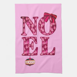 NOEL in a Burgundy Christmas Tree Pattern Tea Towel