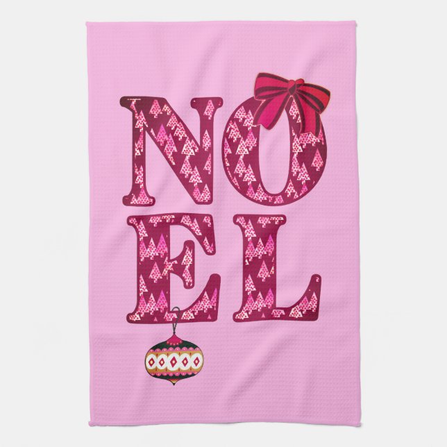 NOEL in a Burgundy Christmas Tree Pattern  Tea Towel (Vertical)