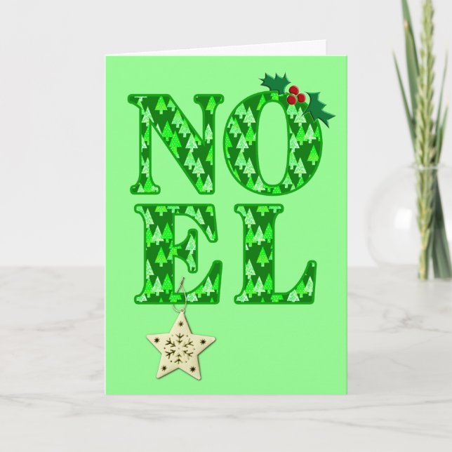 NOEL in a Green Christmas Tree Pattern Holiday Card (Front)