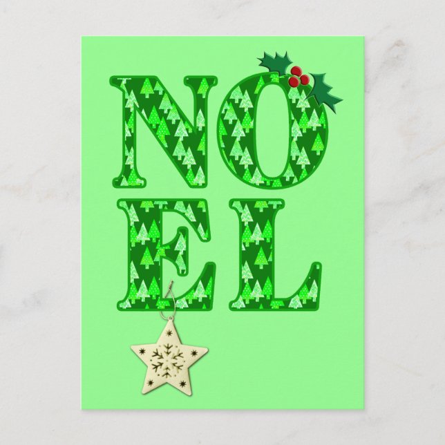 NOEL in a Green Christmas Tree Pattern Holiday Postcard (Front)