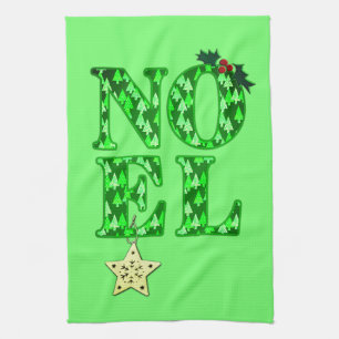 NOEL in a Green Christmas Tree Pattern Tea Towel