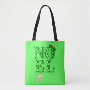 NOEL in a Green Christmas Tree Pattern  Tote Bag