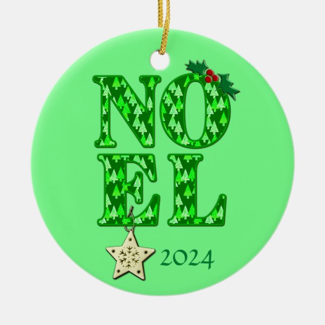NOEL in a Green Retro Christmas Tree Pattern  Ceramic Tree Decoration (Front)