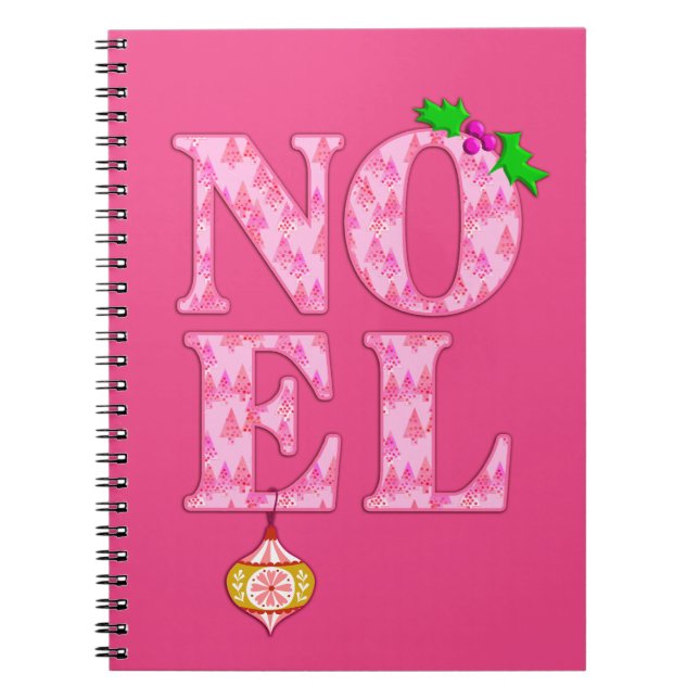 NOEL in a Pink Christmas Tree Pattern  Notebook (Front)