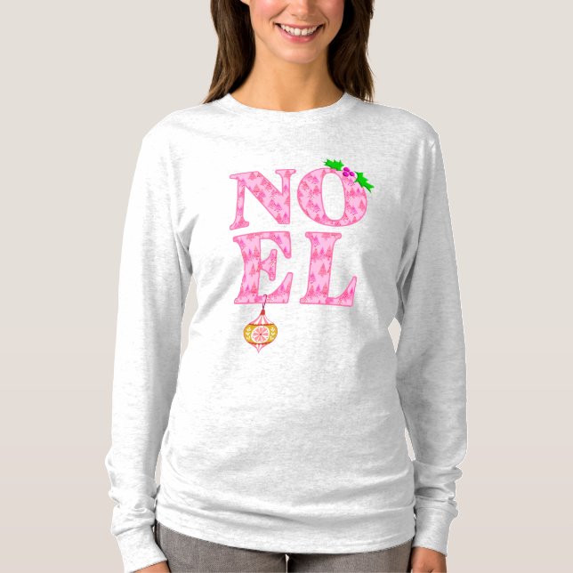 NOEL in a Pink Christmas Tree Pattern  T-Shirt (Front)