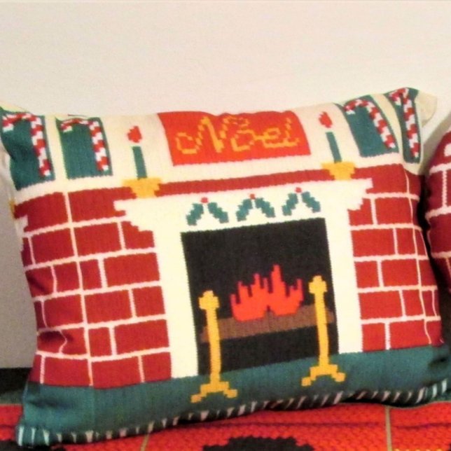 Noel Mantle Brick Fireplace Designer Crochet Print Decorative Cushion (Creator Uploaded)