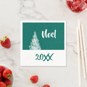 Noel Minimalist Snowy Tree Teal and White Holiday Napkin