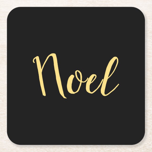 NOEL Modern Chic Holiday Script Black Background Square Paper Coaster (Front)