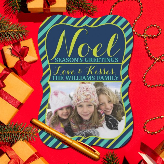 {Noel} Navy, Teal & Lime Season's Greetings Photo Holiday Card (Creator Uploaded)