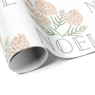 NOEL Pine Cone Pattern White Wrapping Paper
