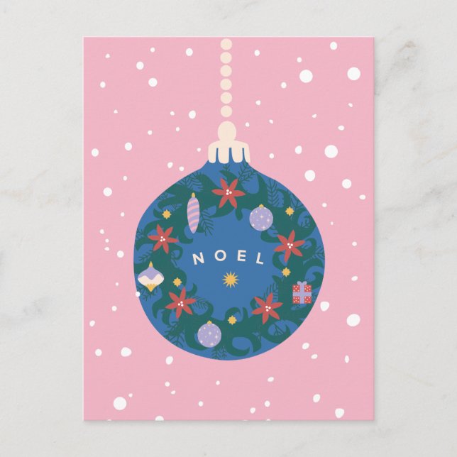 Noel Pink Ornament Illustrated Christmas Holiday Postcard (Front)