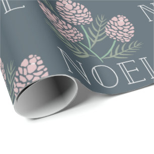 NOEL Pink Pine Cone Pattern Navy Blue Wrapping Paper