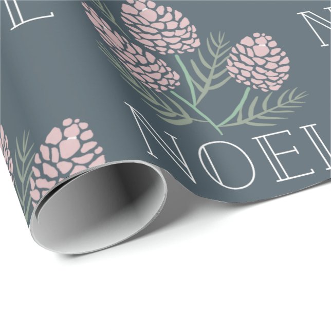 NOEL Pink Pine Cone Pattern Navy Blue Wrapping Paper (Roll Corner)