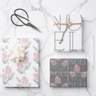 NOEL Pink Pine Cone Pattern White & Grey Wrapping Paper Sheet