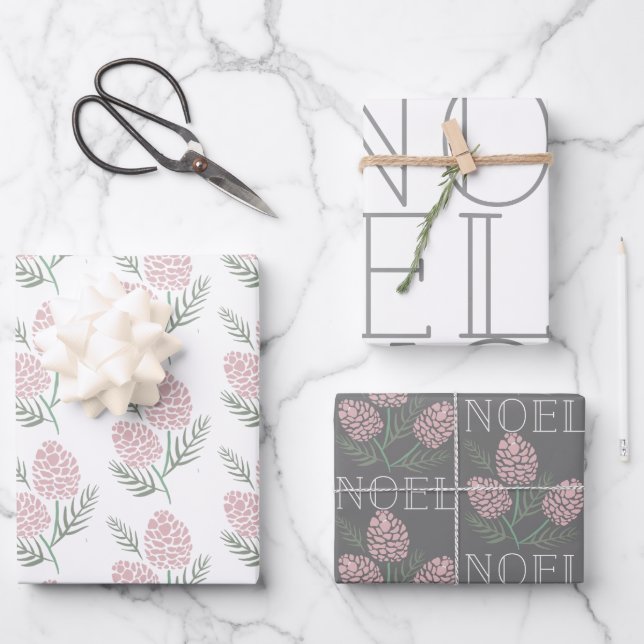 NOEL Pink Pine Cone Pattern White & Grey Wrapping Paper Sheet (Front)