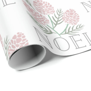 NOEL Pink Pine Cone Pattern White Wrapping Paper