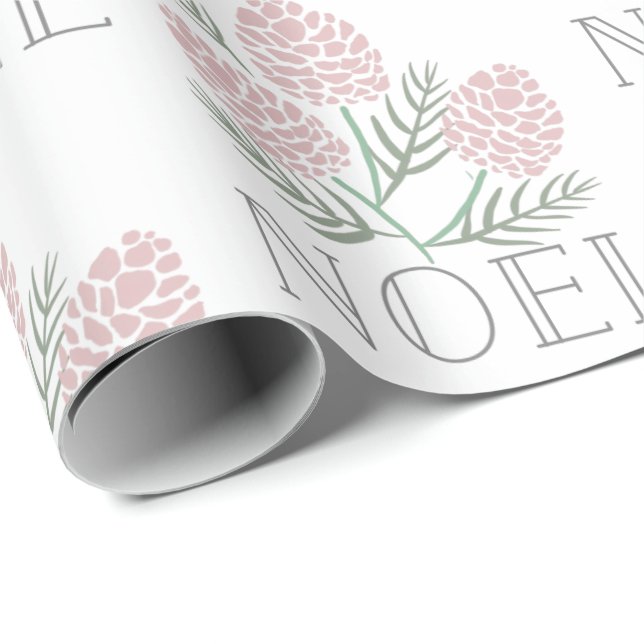 NOEL Pink Pine Cone Pattern White Wrapping Paper (Roll Corner)