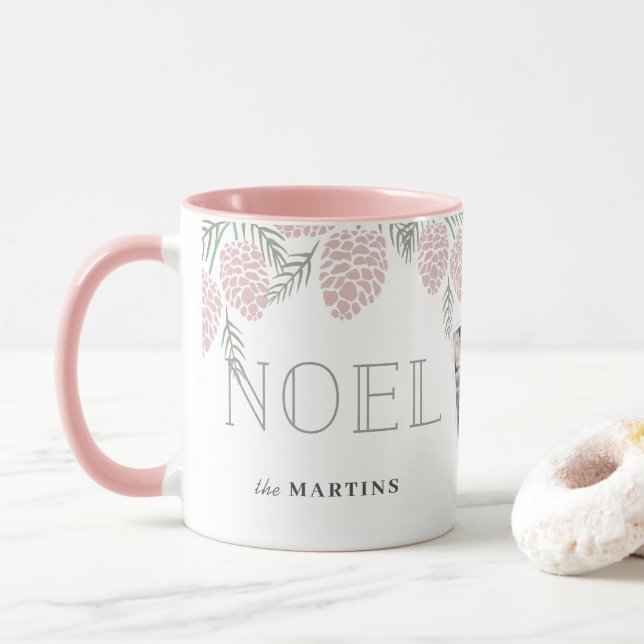 NOEL Pink Pine Cone White Christmas Photo Mug (With Donut)