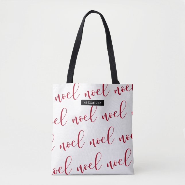 Noel | Red and White Christmas Script with Name Tote Bag (Front)