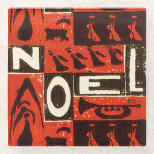 Noel Red Block Print Glass Coaster
