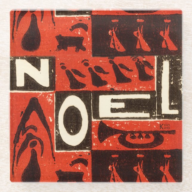 Noel Red Block Print Glass Coaster (Front)