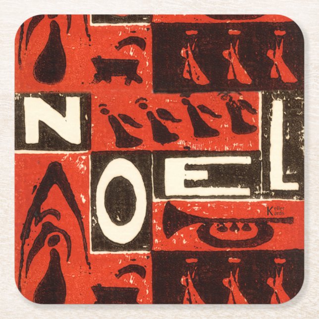 Noel Red Block Print Square Paper Coaster (Front)