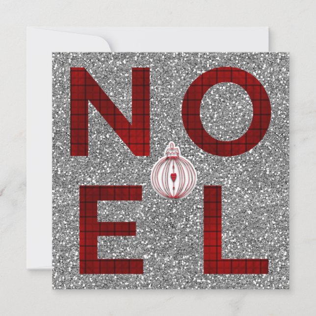 Noel Red Tartan Plaid Silver Glitter Holiday Photo (Front)