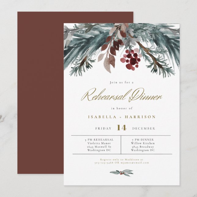 NOEL Rustic Pine Winter Wedding Rehearsal Dinner Invitation (Front/Back)