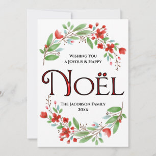 Noël Simple Red & Green Watercolor Floral Holiday Card