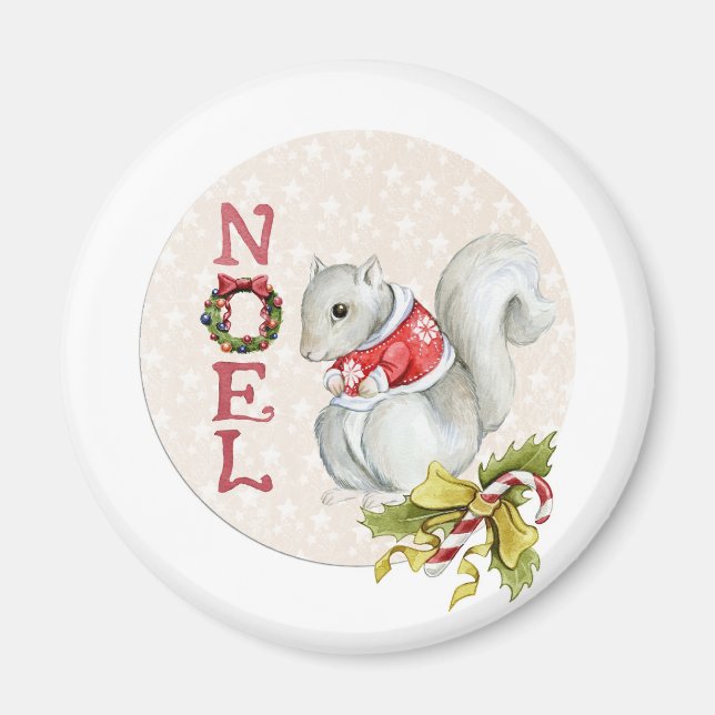 Noel Squirrel Round Magnet (Front)
