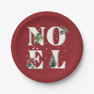 Noël text design with beautiful winter plants paper plate