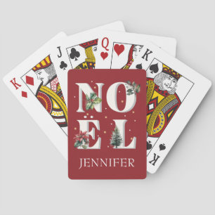 Noël text design with beautiful winter plants playing cards