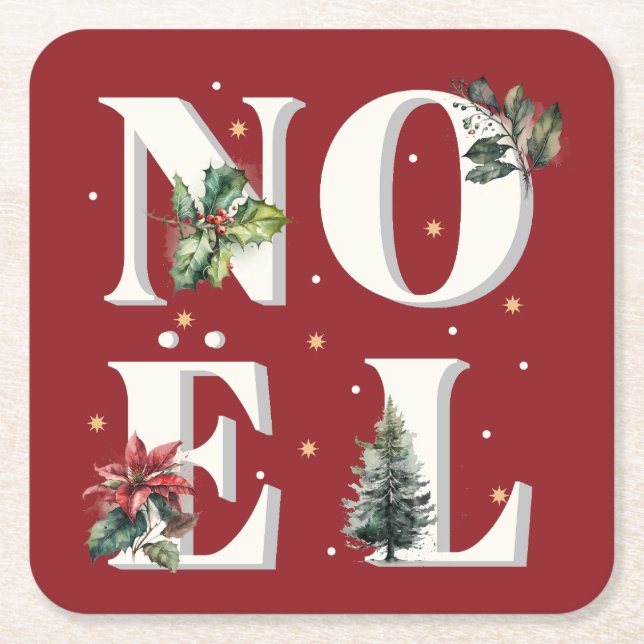 Noël text design with beautiful winter plants square paper coaster (Front)