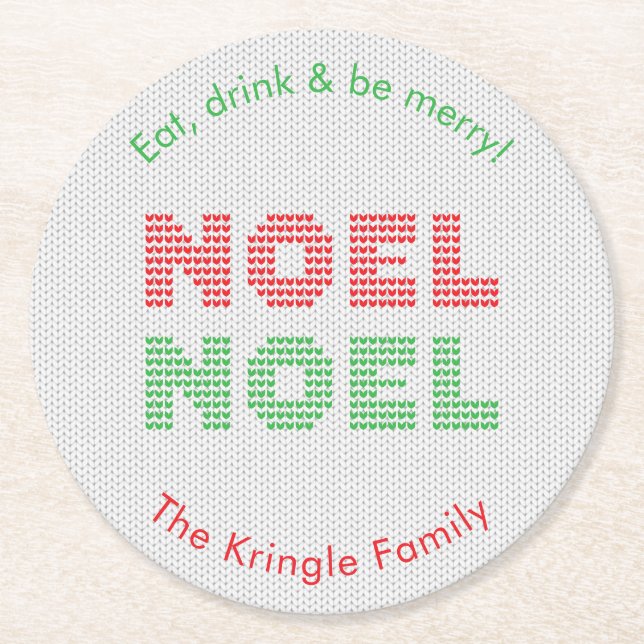 Noel Typography Christmas Round Paper Coaster (Front)