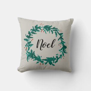 Noel Welcome Wreath Painting Grey Pillow